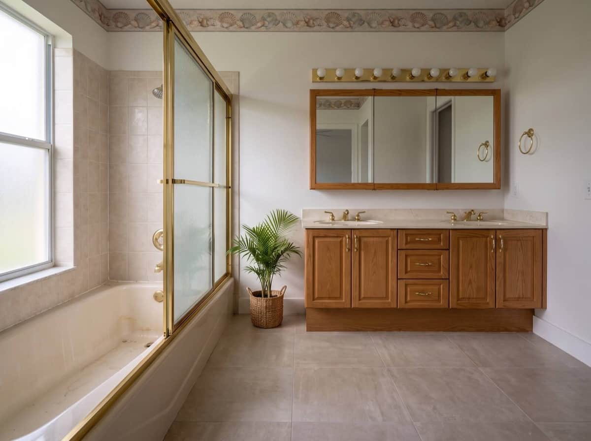 Concept visualization: dated 1990s Florida bathroom before renovation