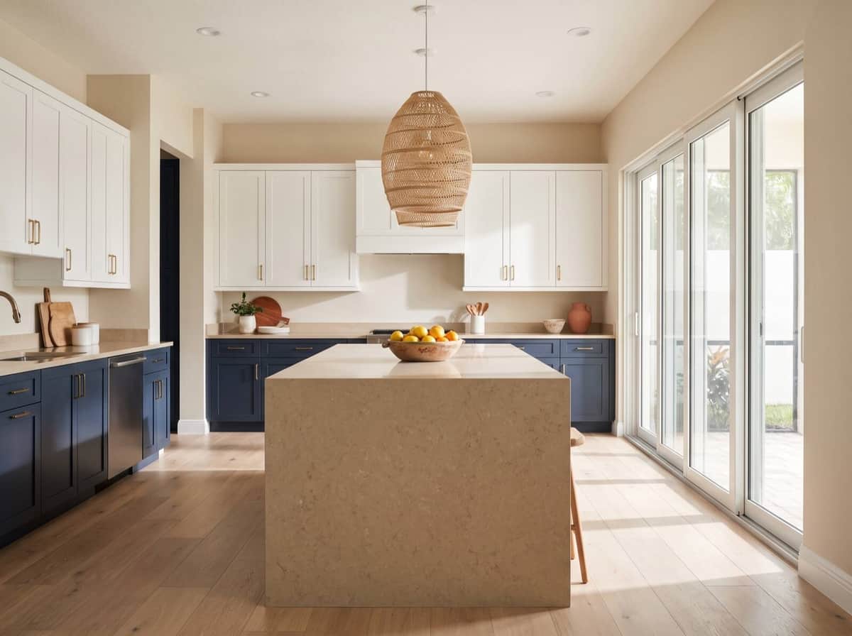 Concept visualization: the same kitchen renovated with island and shaker cabinets
