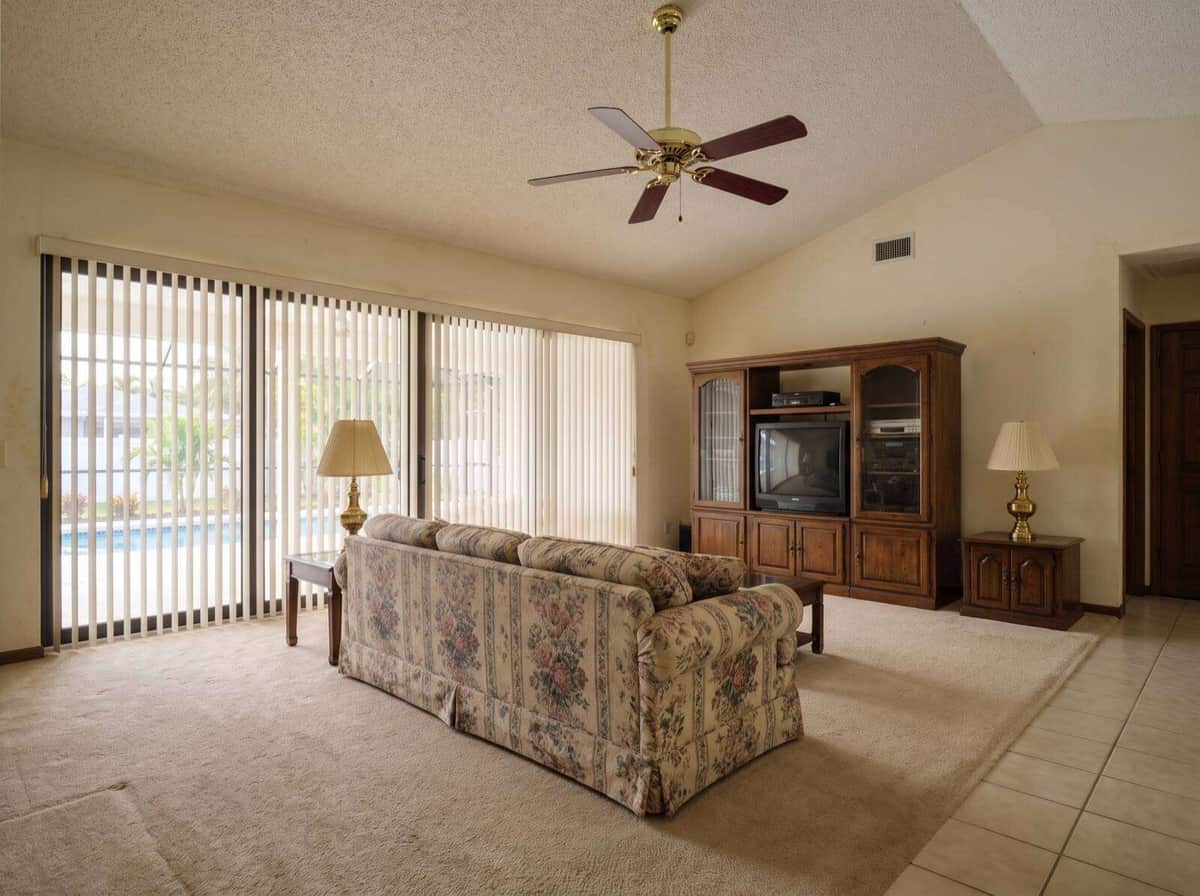 Concept visualization: dated 1990s Florida great room before remodel