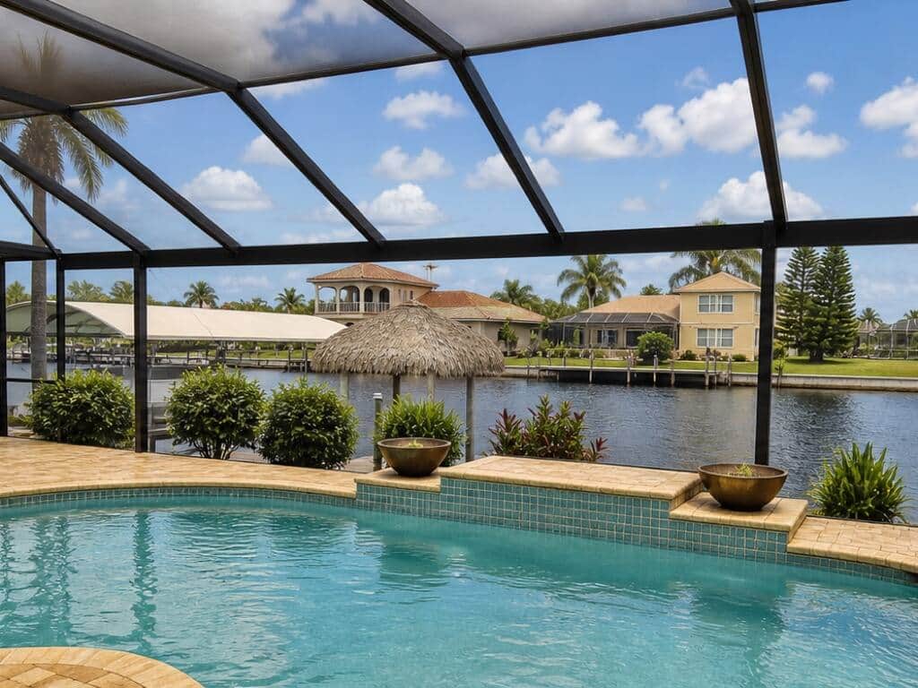 Screened lanai and pool on a Florida waterfront