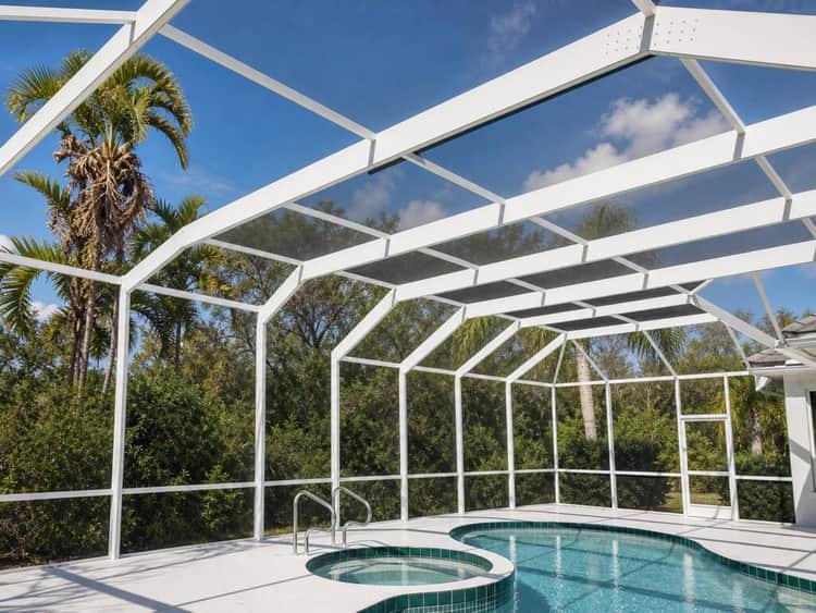 Inside a screened pool enclosure
