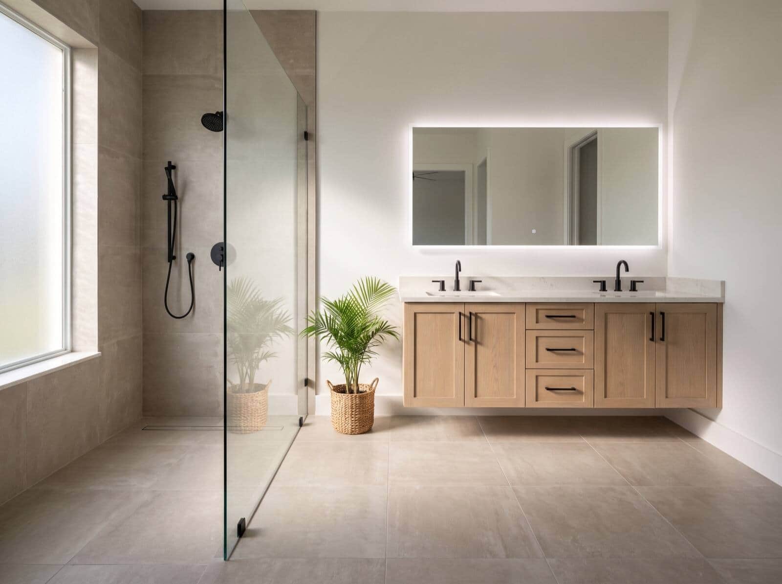 Concept visualization of a renovated bathroom with curbless walk-in shower and floating oak vanity