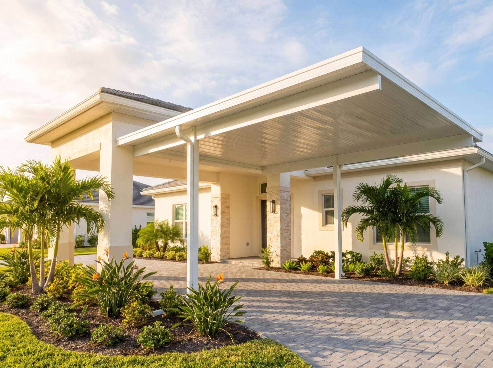 Concept visualization of an aluminum carport and porte-cochere on a Southwest Florida home
