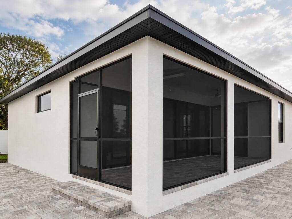 Modern lanai exterior at dusk | screen enclosure work in Southwest Florida by Sosnin Builders