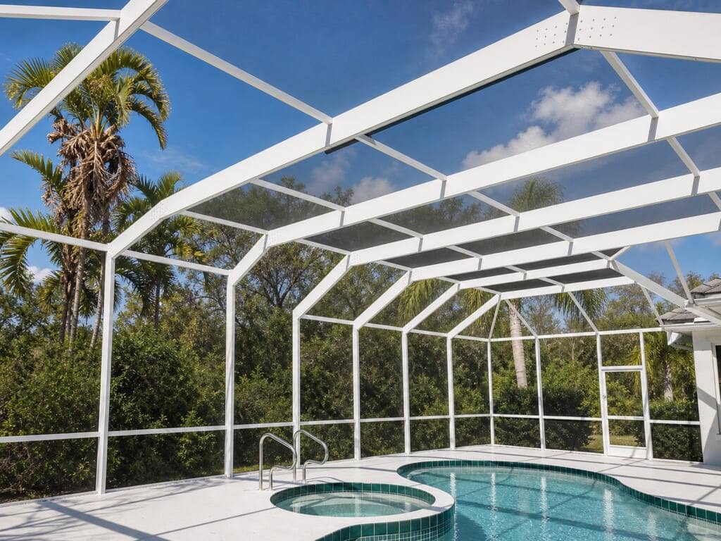 Inside a screened pool enclosure | screen enclosure work in Southwest Florida by Sosnin Builders