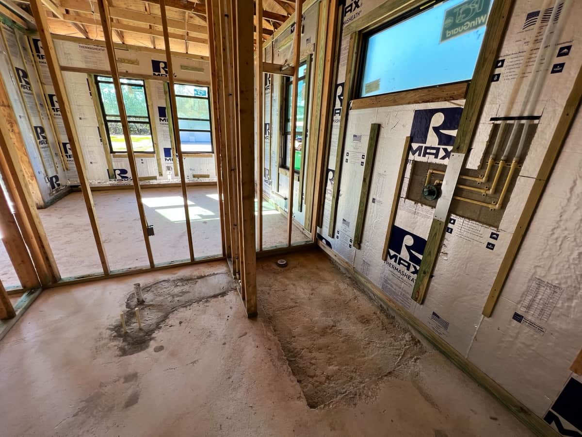 Bathroom rough-in with insulated sheathing | framing work in Port Charlotte, FL by Sosnin Builders